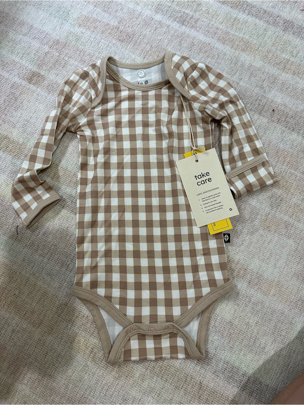 Kyte BABY Beige Gingham Long-Sleeve Baby One-Piece